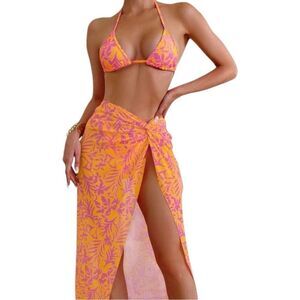 3 Pcs Bikini Tropical Pink and Orange Swimsuit and Sarong Skirt